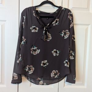 Ann Taylor Gray Floral Tie V-Neck Long Sleeve Blouse | Women’s Medium